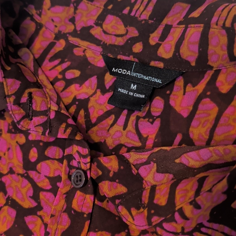 VS Moda Int'l Semi Sheer Pink & Brown Button-Down Blouse - Size Medium - Picture 6 of 8